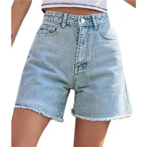High Waisted Denim Shorts Rolled Hem Wide Leg Casual Jean Shorts with Pockets