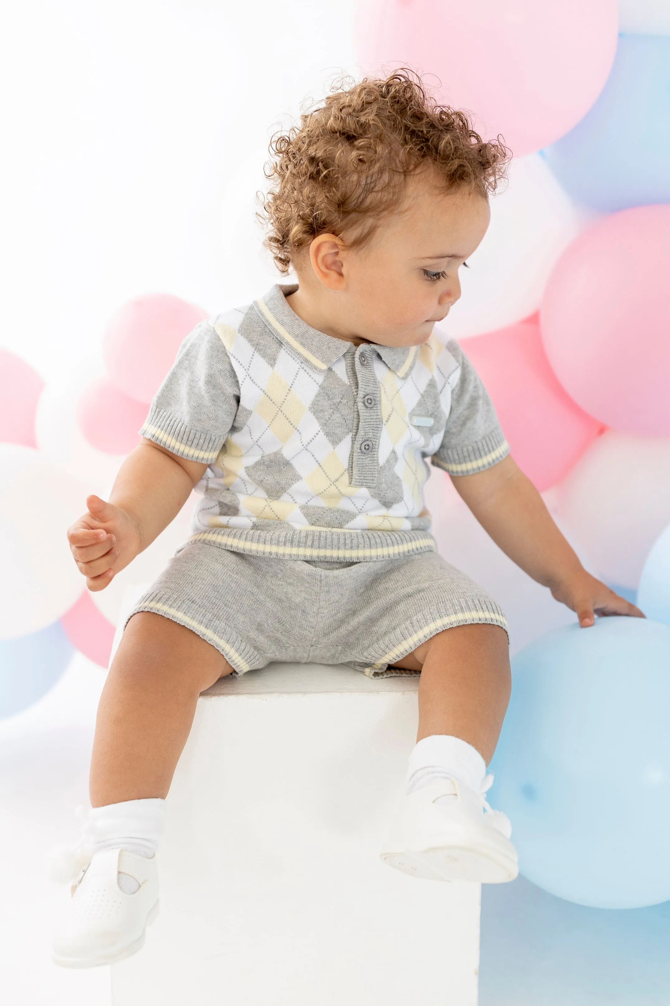 "Charlie" Grey & Lemon Argyle Knit Polo Shirt & Shorts