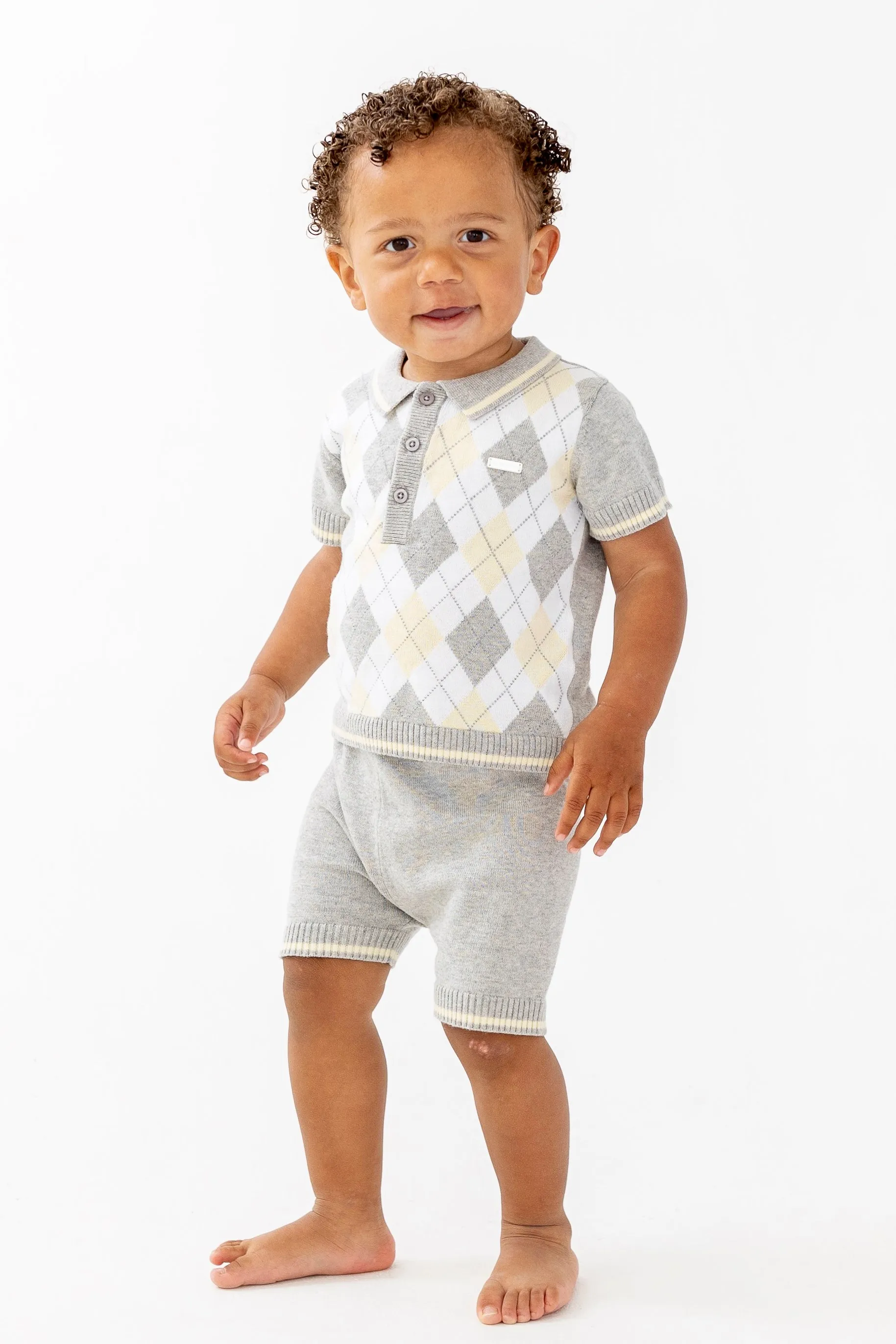 "Charlie" Grey & Lemon Argyle Knit Polo Shirt & Shorts