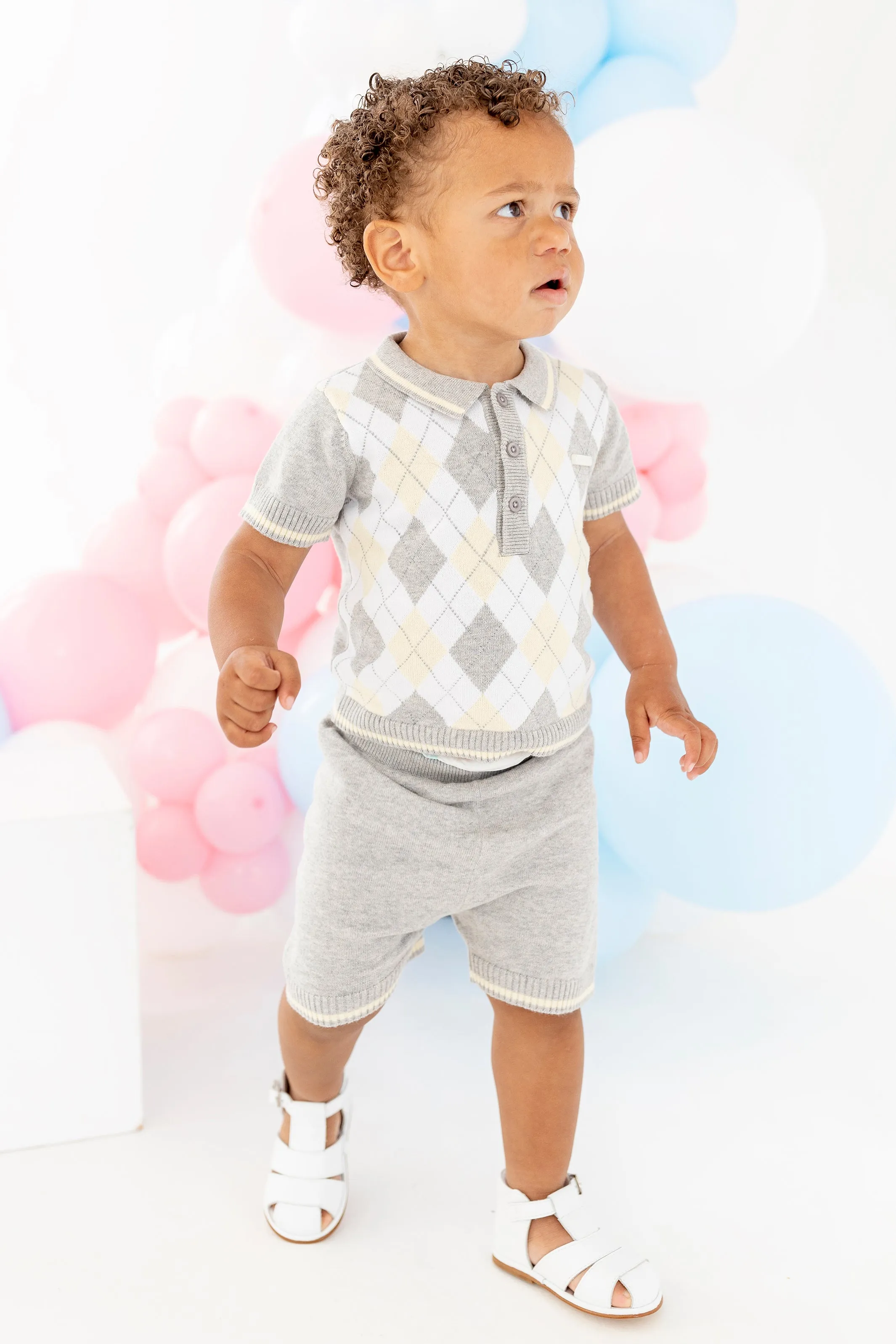 "Charlie" Grey & Lemon Argyle Knit Polo Shirt & Shorts