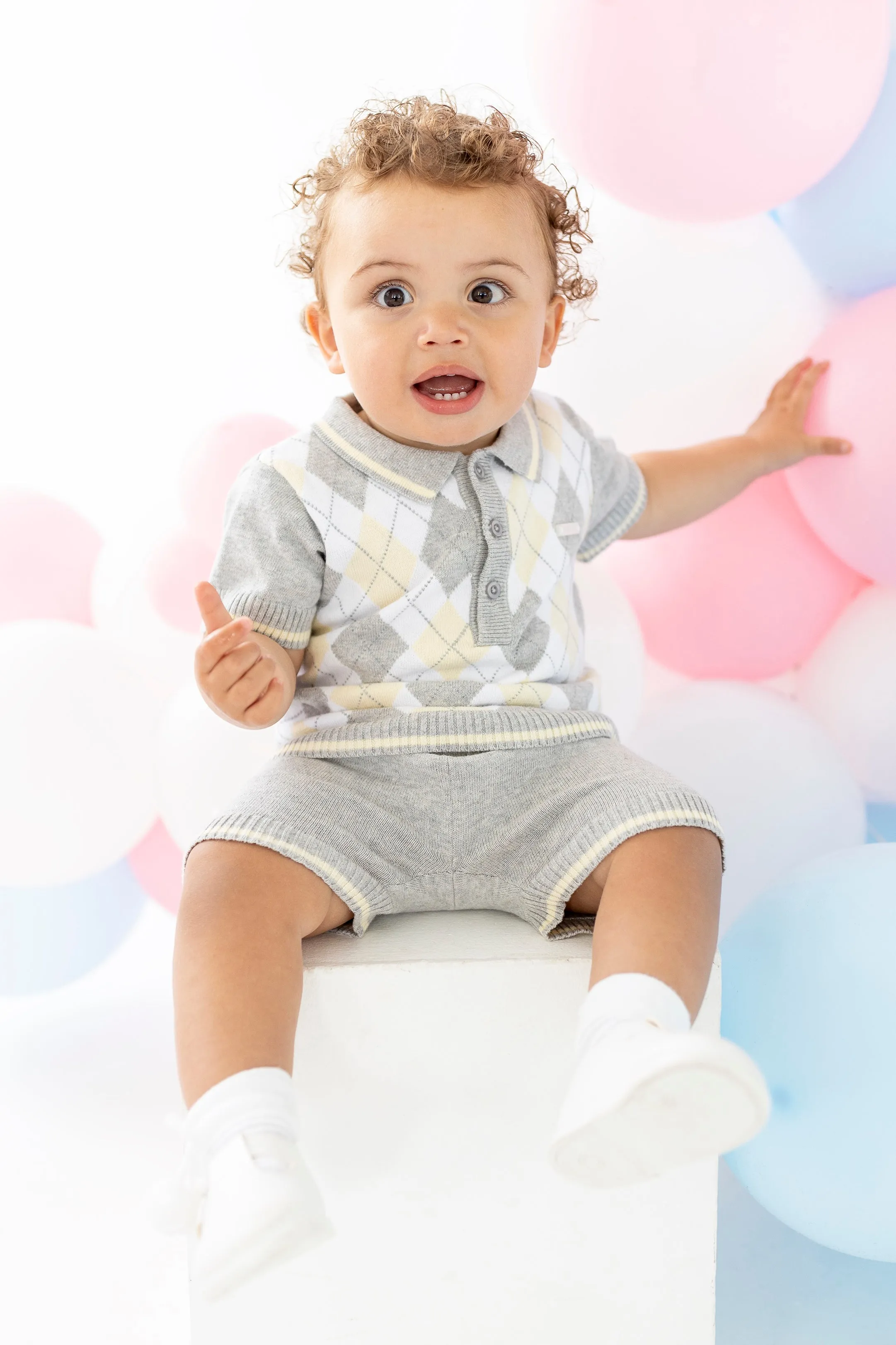 "Charlie" Grey & Lemon Argyle Knit Polo Shirt & Shorts